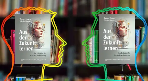 Zwei Buchcover mit dem Titel "Aus der Zukunft lernen" flankieren stilisierte Köpfe, die Wissen und Fortschritt symbolisieren.