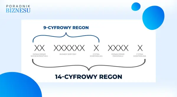 Schemat pokazuje, ile cyfr ma REGON: 9-cyfrowy i 14-cyfrowy, z podziałem na oznaczenie województwa, numer seryjny, cyfrę kontrolną i oznaczenie oddziału.