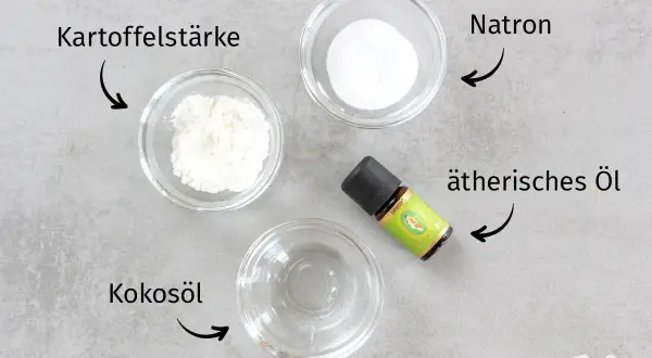 Zutaten für deo selber machen 3 zutaten: Kartoffelstärke, Natron, Kokosöl und ätherisches Öl.