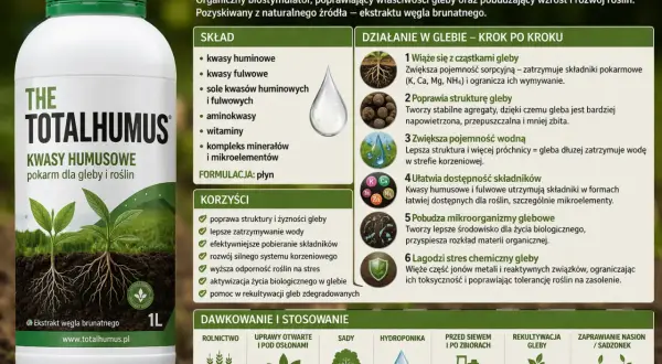 Butelka The Totalhumus z płynnymi kwasami humusowymi, pokarmem dla gleby i roślin, poprawiającym jej strukturę i żyzność.