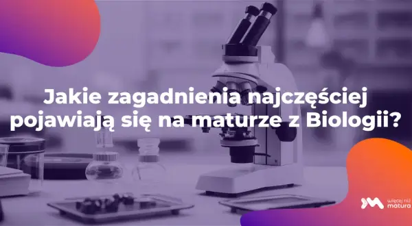 Mikroskop i sprzęt laboratoryjny na stole. Tekst: "Jakie zagadnienia najczęściej pojawiają się na maturze z Biologii?". To powtórka z biologii.