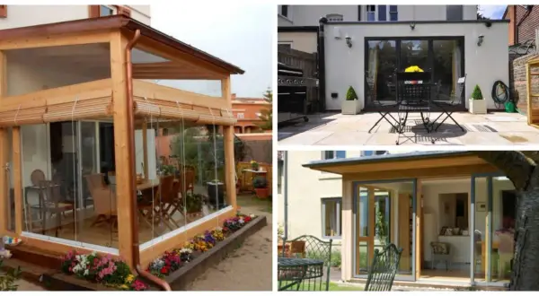 Porches de casas sencillas con estructuras de madera y cristal, creando espacios luminosos y acogedores.