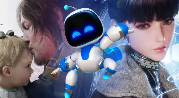 Astro Bot w centrum, otoczony postaciami z gier, sugeruje najlepsze gry na PS5.