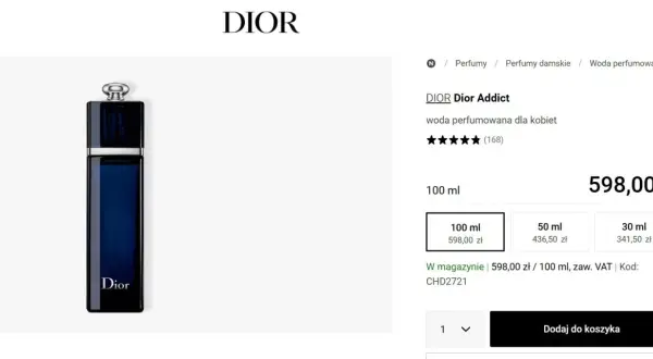 Elegancka, ciemnoniebieska butelka Dior Addict perfumy, woda perfumowana dla kobiet, prezentowana na białym tle.