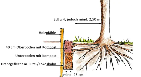 Skizze zeigt den Aufbau einer Wurzelsperre für einen Walnussbaum. Holzpfähle stützen eine Schicht aus Drahtgeflecht mit Jute-/Kokosbahn, gefüllt mit Ober- und Unterboden mit Kompost.