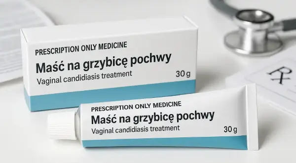 Maść na grzybicę pochwy w tubce i pudełku, obok stetoskopu i recepty.
