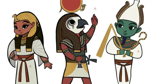 Tre stiliserade figurer av egyptisk gud. En kvinna med orm på huvudet, en man med falkhuvud och en grön man med krona.