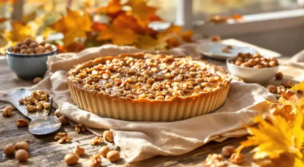 Une délicieuse tarte aux noix, garnie de caramel et de noix croquantes, sur une table en bois, entourée de feuilles d'automne.