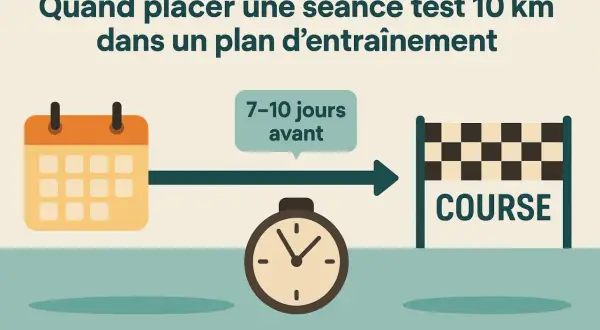 Calendrier, montre et ligne d'arrivée pour une séance test 10 km. Idéalement 7-10 jours avant la course.