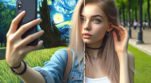 Przerabianie zdjęć AI: dziewczyna robi selfie na tle "Gwiaździstej nocy" Van Gogha, a druga połowa to jej realistyczny portret w parku.