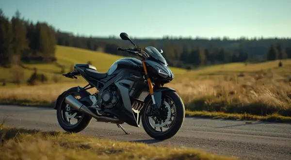 En mörk motorcykel står parkerad på en landsväg, redo för äventyr. Dess design antyder hög a1 motorcykel hastighet genom böljande landskap.