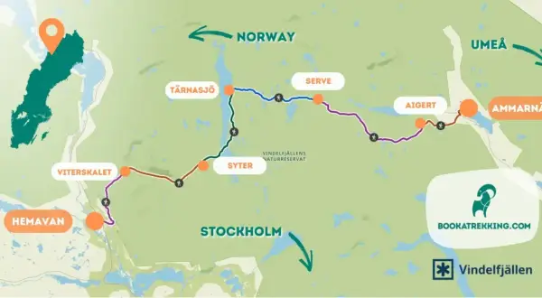 Karta över kungsleden etapper med platser som Hemavan, Vindelfjällen, Ammarnäs och Umeå.