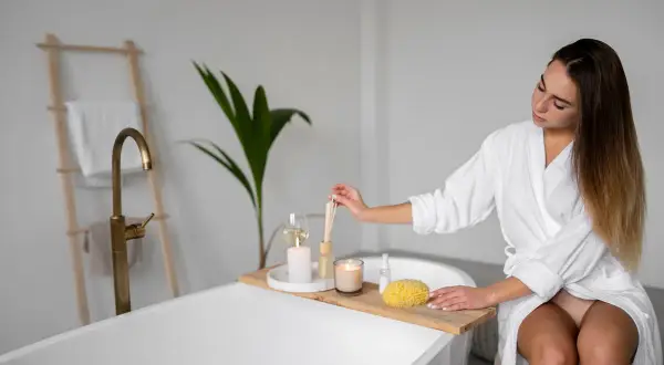 Mujer en bata blanca prepara su **zona de relax** en el baño, con velas, difusor y esponja.