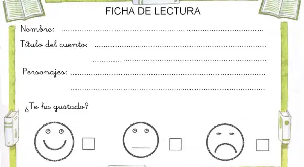 Ficha cuento infantil para escribir el nombre, título, personajes y calificar si te ha gustado con caritas.