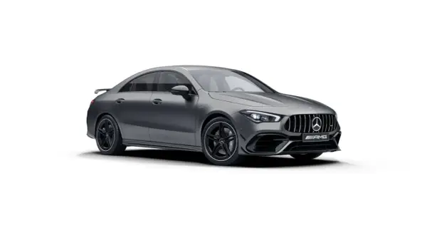 Elegancki, szary Mercedes CLA 45 AMG z czarnymi felgami i spojlerem, gotowy do dynamicznej jazdy.