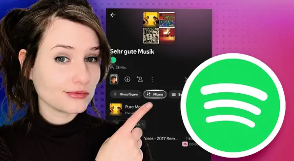 Frau zeigt auf Spotify-Playlist mit 90er Jahre Musik. Die Liste heißt "Sehr gute Musik" und enthält Alben aus den 90ern.