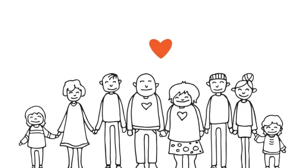 Disegni da colorare e stampare: una famiglia stilizzata che si tiene per mano sotto un cuore arancione.