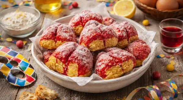 Scroccafusi di Macerata, dolcetti friabili con glassa rossa e zucchero, pronti per Carnevale.