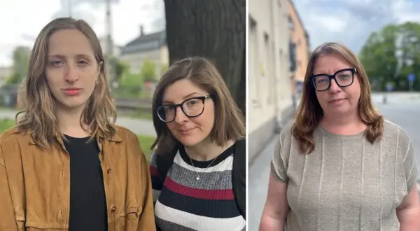 Tre kvinnor med glasögon. En ung kvinna med blont hår och brun jacka, en kvinna med brunt hår och randig tröja, och en kvinna med brunt hår och grå tröja. De ser ut att jobba som psykolog.