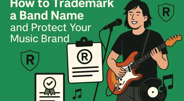 Illustration about how to trademark a band name. A musician plays guitar next to a microphone, with documents showing a registered trademark symbol.