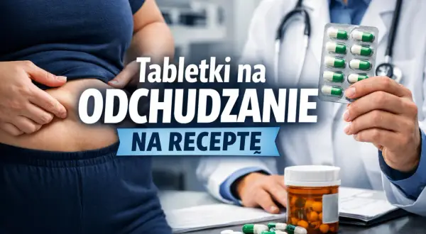Leki na odchudzanie na receptę. Lekarz pokazuje opakowanie tabletek, obok leży buteleczka z lekami.