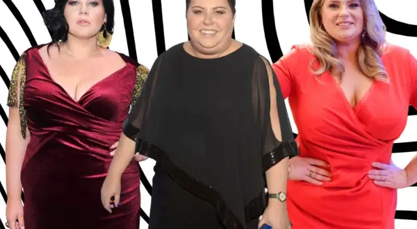 Trzy kobiety w eleganckich sukienkach. Jedna w bordowej, druga w czarnej, trzecia w czerwonej. Inspiracje na sukienki weselne plus size.