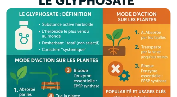 Infographie expliquant le glyphosate, son mode d'action sur les plantes et sa popularité en France.