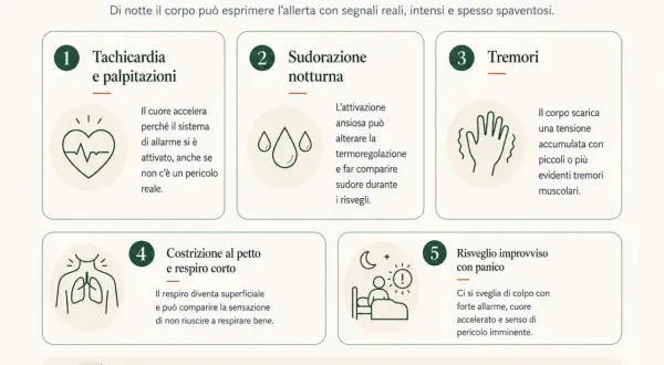 I sintomi fisici dell'ansia notturna: tachicardia, sudorazione, tremori, costrizione al petto e risvegli improvvisi con panico, agitato da ansia e timore.