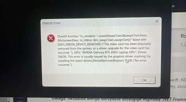 Błąd DirectX: karta graficzna NVIDIA GeForce RTX 4060 Laptop GPU została usunięta lub zaktualizowano sterowniki. Sprawdź dxdiag.