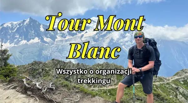 Mężczyzna z plecakiem na tle gór, przygotowuje się do trekkingu na trasie Tour du Mont Blanc.