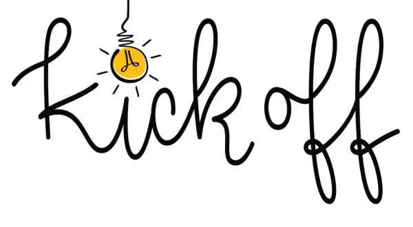 Texten "kick off" i handskriven stil med en glödlampa som symbol för idéer. Perfekt för en teambuilding lek!