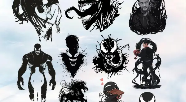 Colección de diseños de Venom, incluyendo siluetas, el personaje interactuando con Eddie Brock y un adorable Venom comiendo chocolate. Ideal para un tatuaje de Venom.