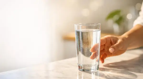 Mano che afferra un bicchiere d'acqua frizzante, un gesto semplice per stimolare la cacca e sentirsi meglio.