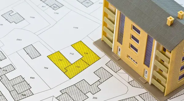 Model budynku mieszkalnego na mapie działek. Żółte pola wskazują obszar, który może być objęty podatkiem katastralnym.