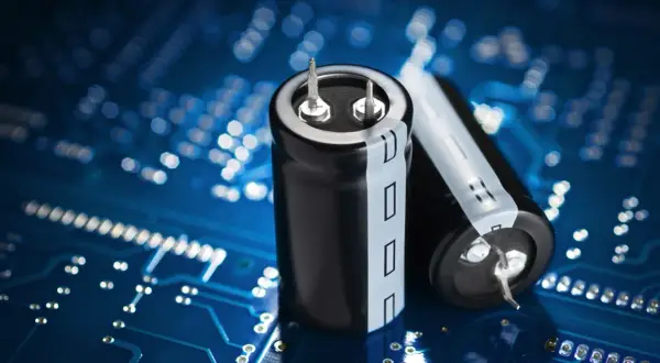 Dwa kondensatory elektrolityczne na tle niebieskiej płytki drukowanej. Różne rodzaje kondensatorów są kluczowe w elektronice.