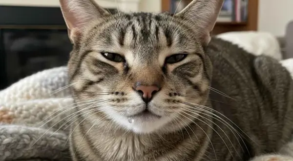 Gato atigrado con una gota de saliva colgando de su labio inferior. Parece que mi gato babea mucho.