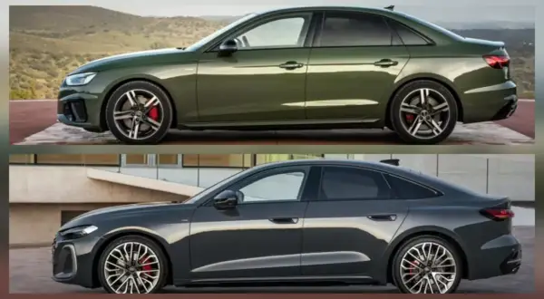 Dwa Audi: zielone A4 i ciemnoszare Audi A5 2025, porównanie stylistyki.