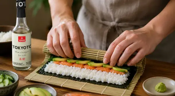 Ręce zwijają sushi z ryżem, łososiem i awokado. Obok butelka octu ryżowego do sushi.