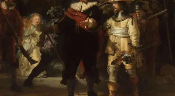 Rembrandt, najpopularniejsze obrazy: "Straż nocna" ukazuje grupę uzbrojonych mężczyzn i dziewczynkę w jasnej sukni, w dynamicznej scenie.