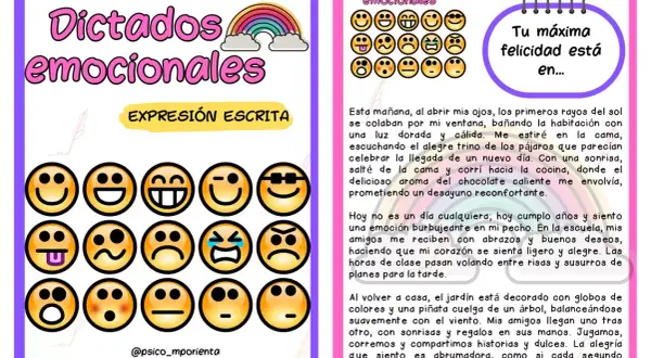 Emoticonos para dictado 3 primaria. Expresión escrita: "Tu máxima felicidad está en..." con texto sobre un día feliz.