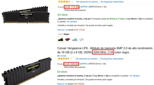 Módulos de memoria RAM CL que es DDR4 Corsair Vengeance LPX, uno de 2133 MHz C13 y otro de 3200 MHz C16.