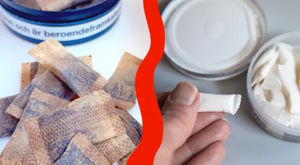 Fakta om snus: En hand håller en prilla. I bakgrunden syns snusdosor och löst snus.