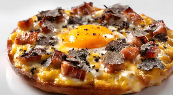Deliciosa pizza con huevo, trozos de tocino crujiente y láminas de trufa negra. ¡Una combinación irresistible!