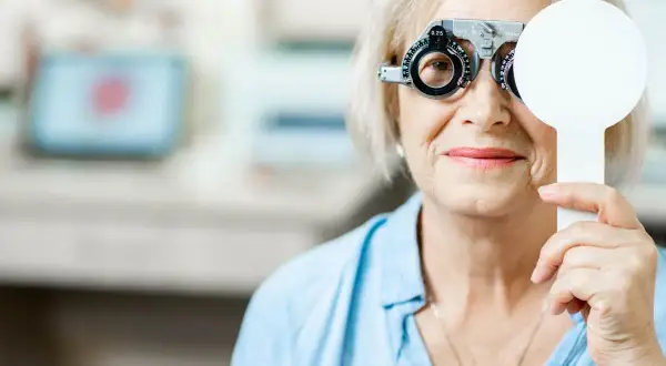 Starsza kobieta z soczewkami próbnymi na oczach, badanie wzroku w celu diagnozy zaburzeń widzenia ICD 10.