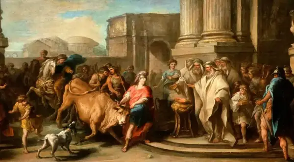 Thésée, le héros, affronte un taureau furieux, prélude à sa confrontation avec le Minotaure. Une foule observe la scène antique.