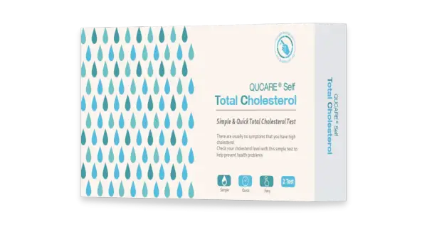 Opakowanie testu na **cholesterol** QUCARE® Self. Test pozwala szybko i łatwo sprawdzić poziom cholesterolu, co jest ważne dla zdrowia.