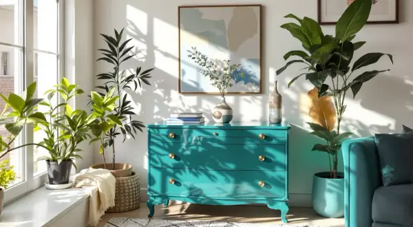 Commode turquoise au laquage peinture impeccable, ornée de poignées dorées. Des plantes vertes apportent de la fraîcheur à ce coin salon lumineux.