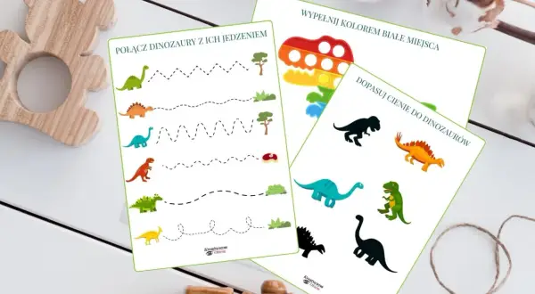 Zestaw kart edukacyjnych na dzień dinozaura: połącz dinozaury z jedzeniem, dopasuj cienie i pokoloruj.