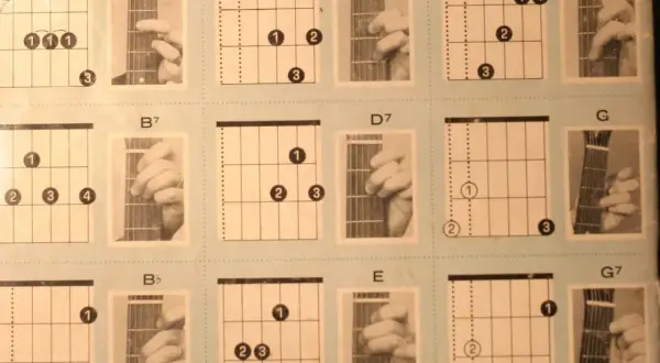 Diagramy z chwyty na gitarę: A7, B7, Bb, D, D7, E, F, G, G7. Nauka gry na gitarze staje się prostsza.