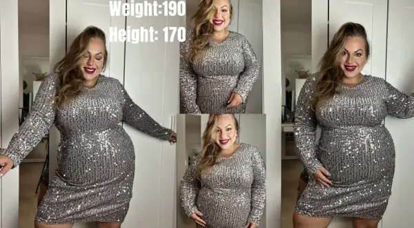 Kobieta w olśniewającej sukience cekinowej plus size, z uśmiechem na twarzy, gotowa na imprezę.